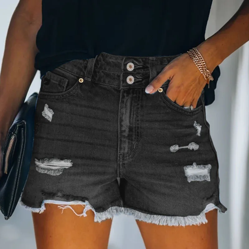 High Waist Women's Jeans Four Colors Hole New Denim Pants Summer 2025 Standard Fit High Elasticity Distressed Denim Shorts view 3