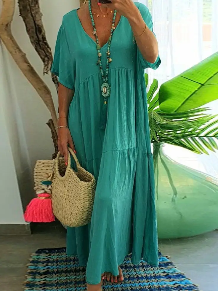 Summer New Casual Solid Color Cotton Hemp Short Sleeve Long Women\'s Dress Simple Loose Beach Maxi Female Fashion Dresses 2023