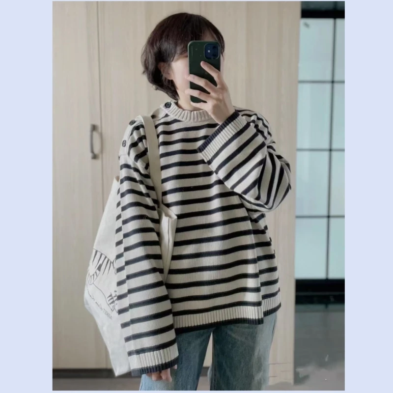 TT Nordic niche shoulder buckle striped design loose beige fashionable casual knitted sweater