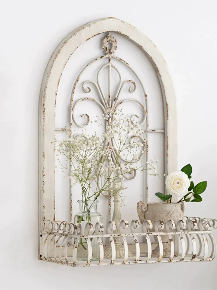 Wood Metal Unique Vintage White Ornamental Window Design Wall Floating Shelf