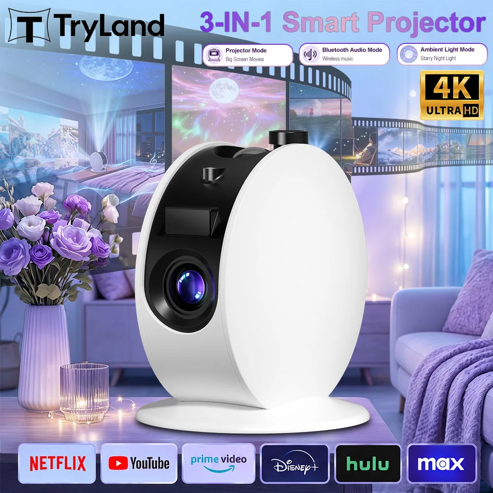 Home Theater Projector 4K Ultra HD Native 720P Support WiFi 6 Bluetooth Google TV Android Smart Projector Star Atmosphere Light