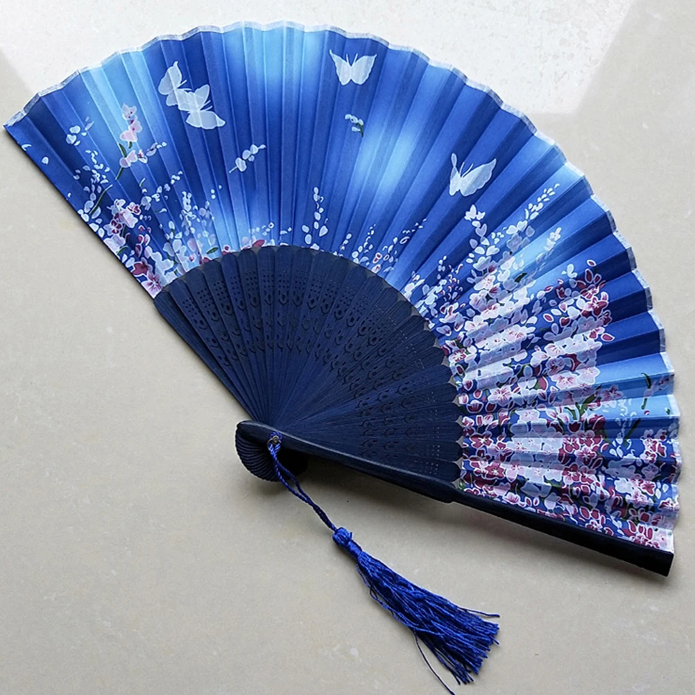 

Woman Flowing Tassel Hand Folding Fan Bamboo Silk Durable Cooling for Wedding Party Decoration Chinese Folding Fan