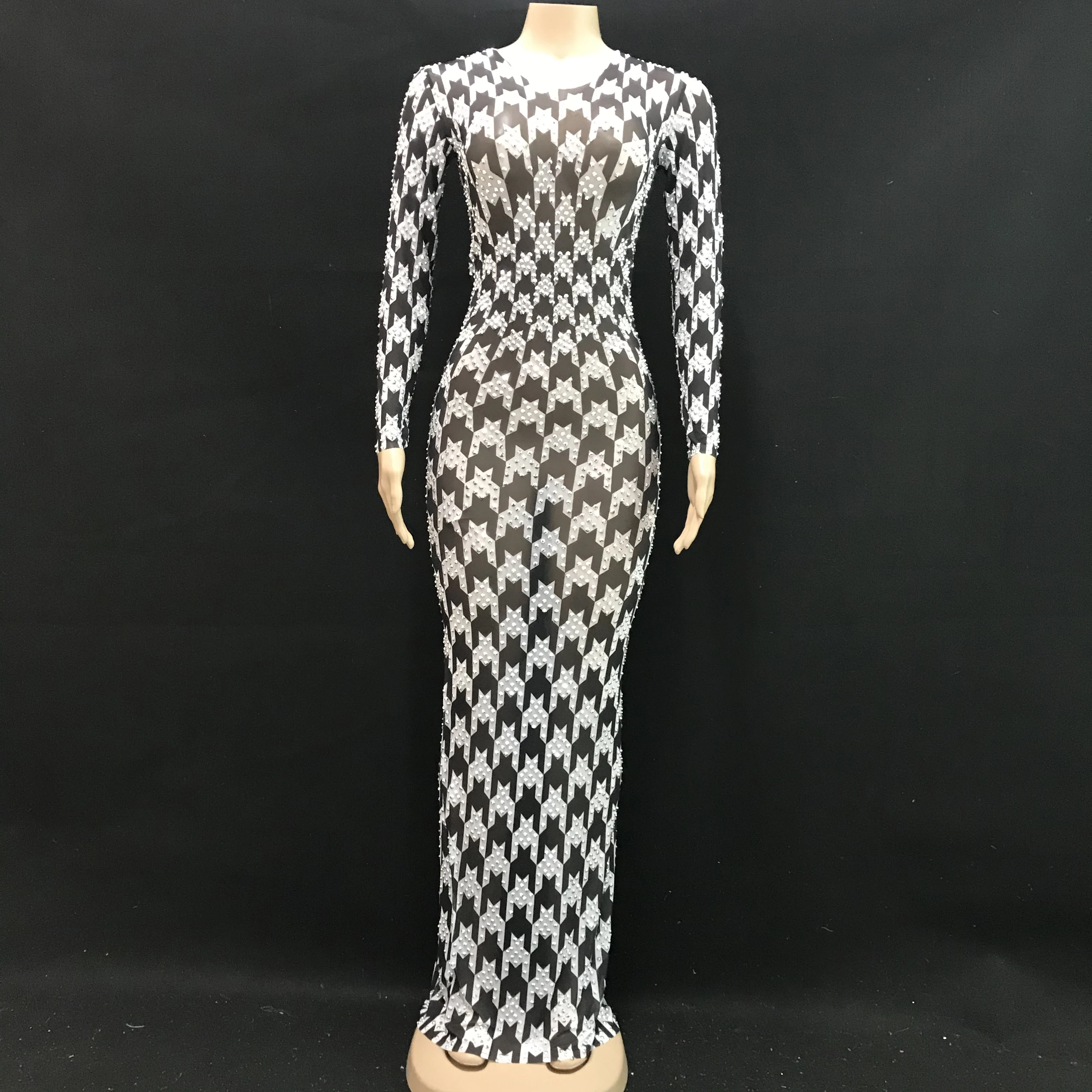 

Black White Pattern Silver Rhinestones Long Sleeves Dress Birthday Celebrate Singer Outfit Women Singer Evening Dress