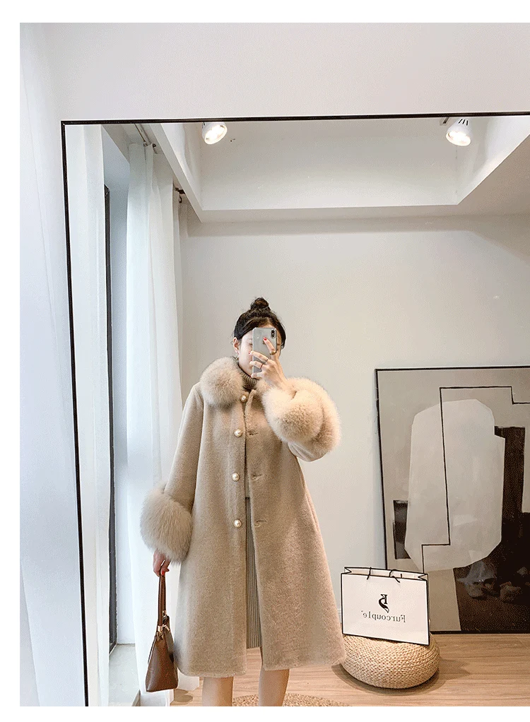 FURYOUME Long Real Fur Coat for Women Casual Jacket Sheep Shearing Wool Blends Fox Fur Collar Thick Warm Outerwear Winter New