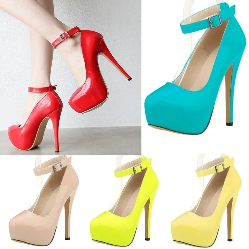 LOSLANDIFEN Women Pumps 14cm Sexy Concise Buckle Supper High Heels Fashion Ankle Strap Patent Leather Red Wedding Shoes