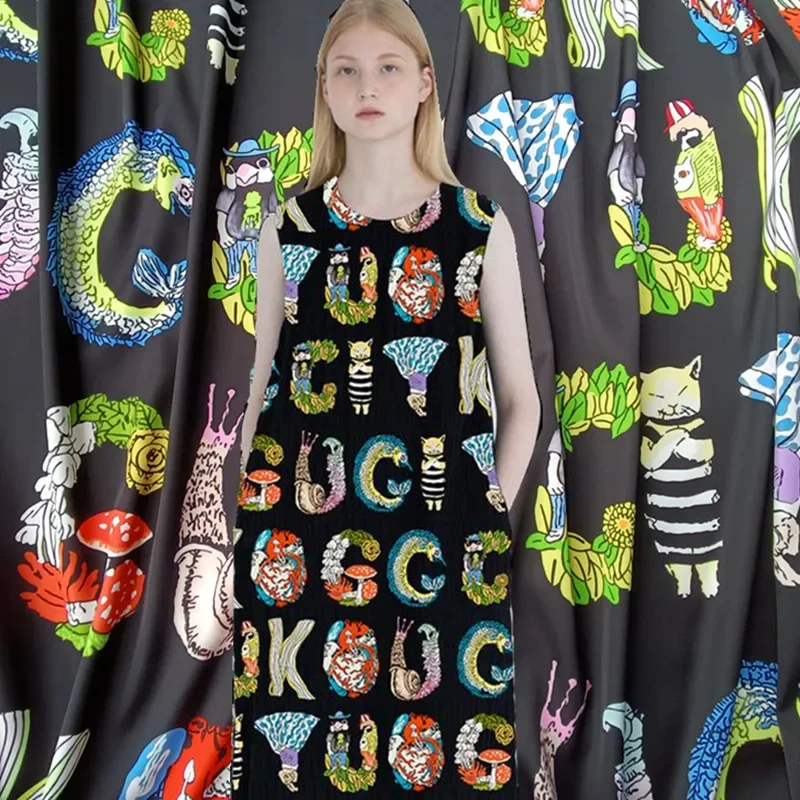 English alphabet animal digital print dress fabric European designer summer parent-child alphabet print shirt fabric