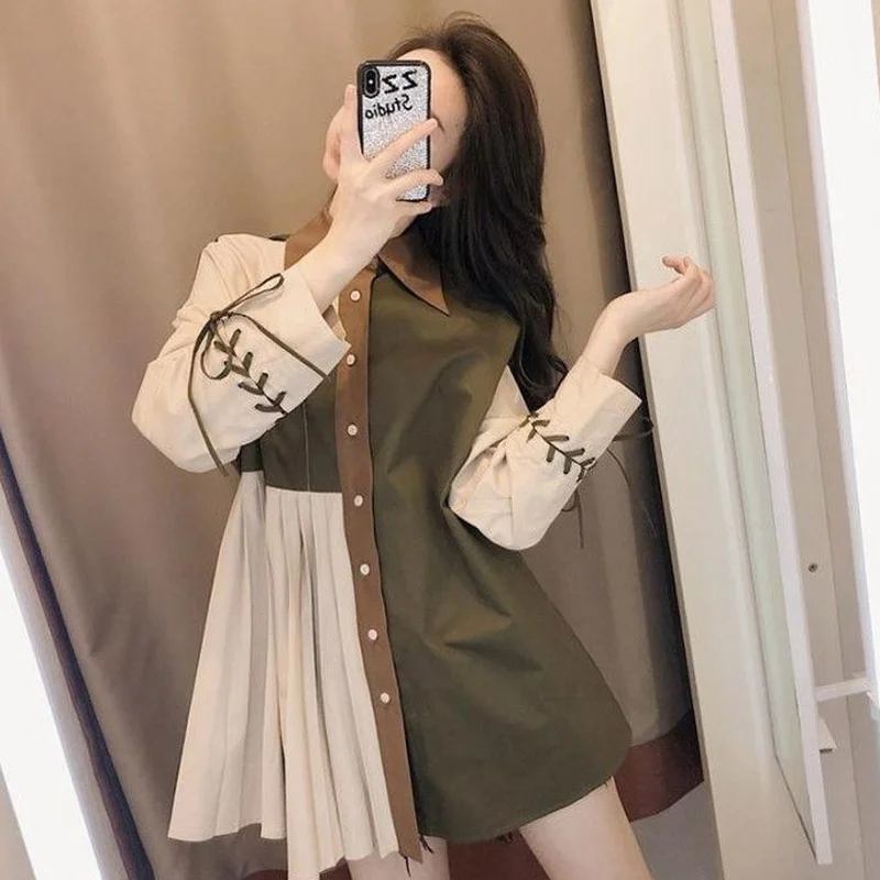 Shirts Women Patchwork Feminine Simple Vintage Spring Single Breasted Fashionable Students New BF Style Outerwear Chic Clothing