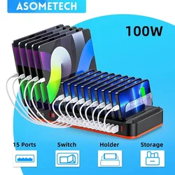 100W Universal 15 Ports Multi USB Fast Charger Charging Station Usb Quick Charge Phone Stand for Iphone 15 Samsung Xiaomi Tablet