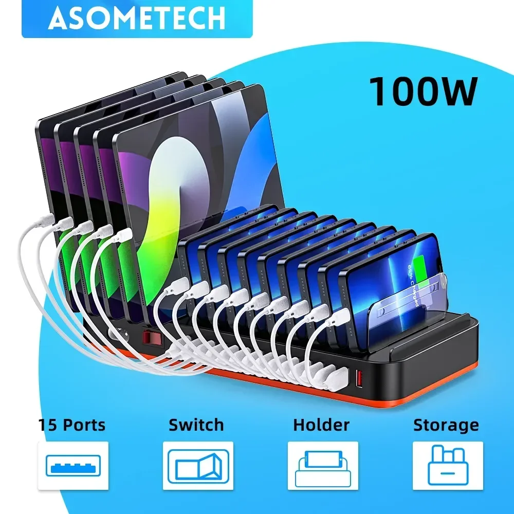 100W Universal 15 Ports Multi USB Fast Charger Charging Station Usb Quick Charge Phone Stand for Iphone 15 Samsung Xiaomi Tablet