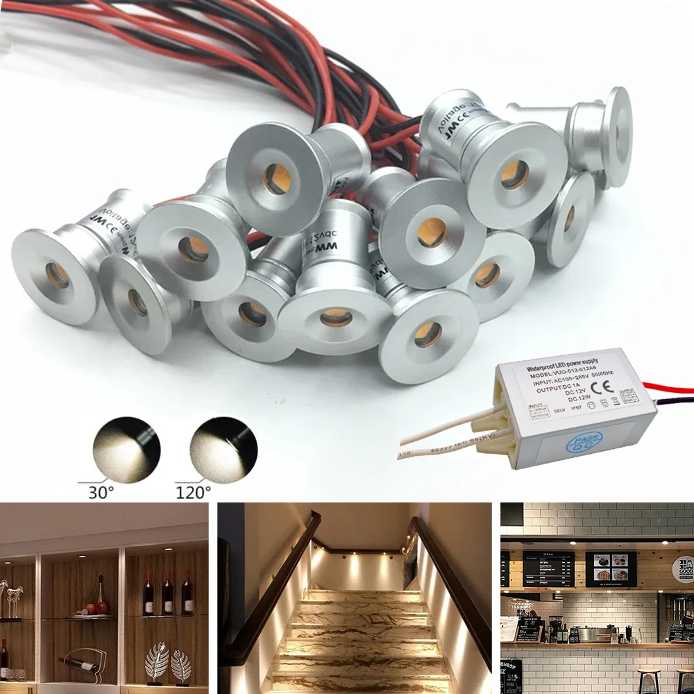 Indoor 1W LED Spotlight Mini Led Downlight 12V Focus Spot Lamp IP65 Staircase Cabinet Ceiling Lighting with Transformer 100-265V