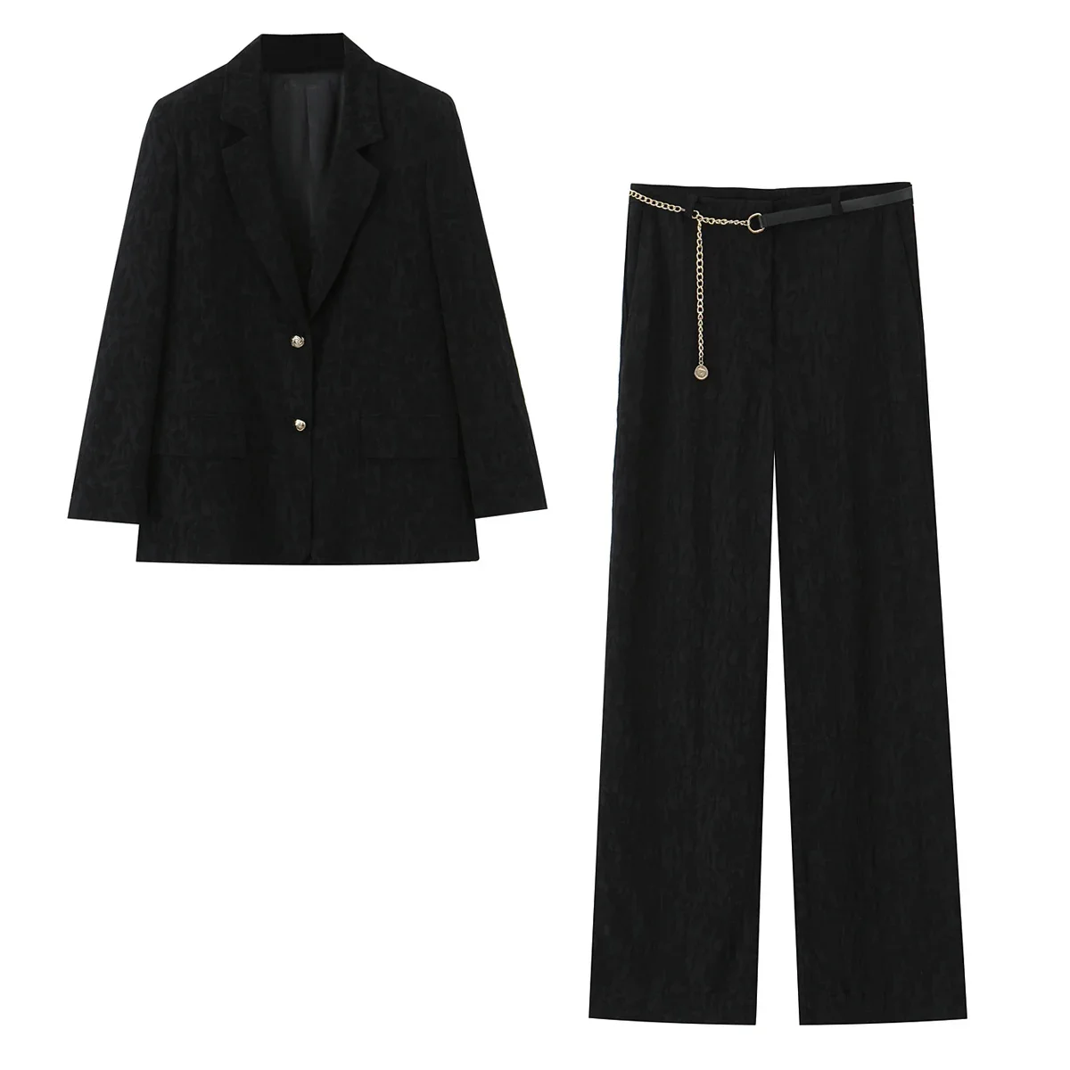

New Fashion Women's 2 Piece Set Fashion Black Blazer Long Sleeves & With Belt Full Length Trousers Female Chic Office Pants Set