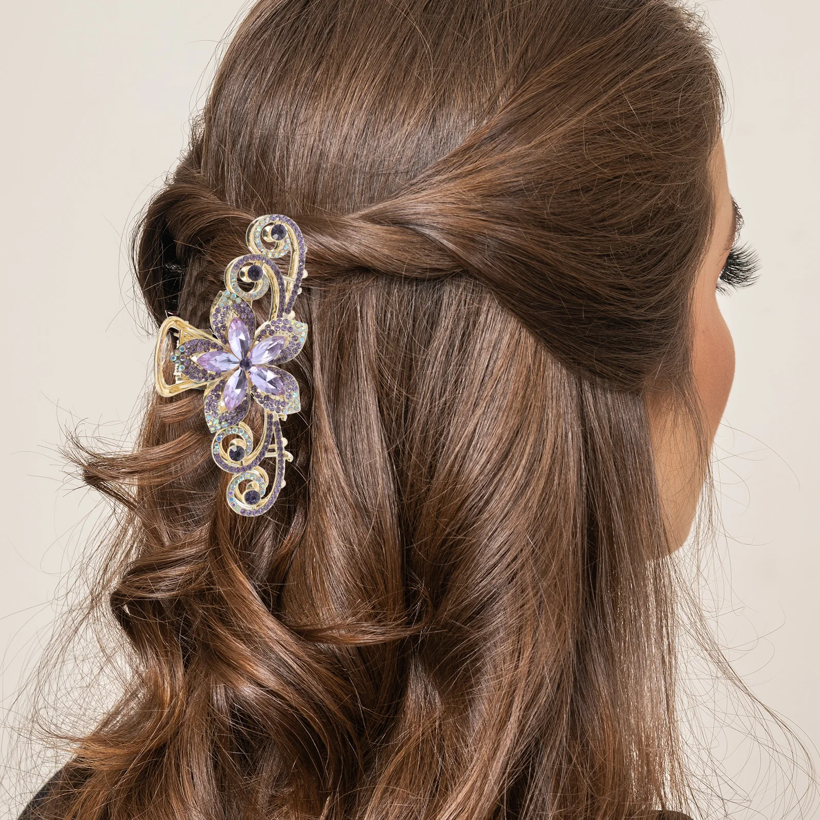 

Fashionable Rhinestone Flower Claw Clip Large Hair Clamp for Women Strong Grip Alloy Updo Ponytail Accessory Jaw Clips for Hair