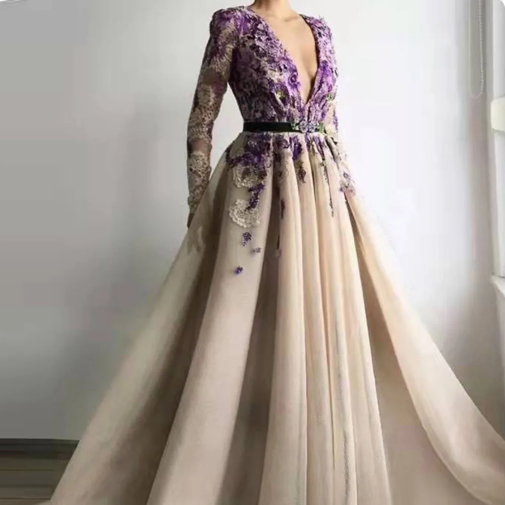 

Purple Applique Lace Tulle Prom Dresses Deep V Neck Belt Wedding Evening Gown A-line Floor Length vestidos de fiesta فساتين السه