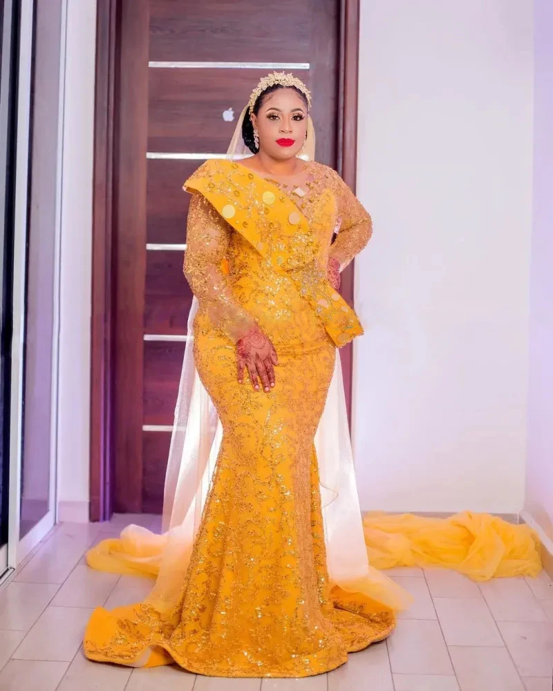 Sparkle Gold Yellow Sequined Lace African Formal Dress Plus Size Aso Ebi Prom Dresses South Africa Women Wedding Reception Gowns