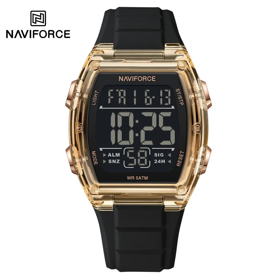 NAVIFORCE Men‘s LED Night Light Display Silicone Wristband Watch Alarm Mode 5ATM Waterproof Boy Stopwatch Timer Digital Display