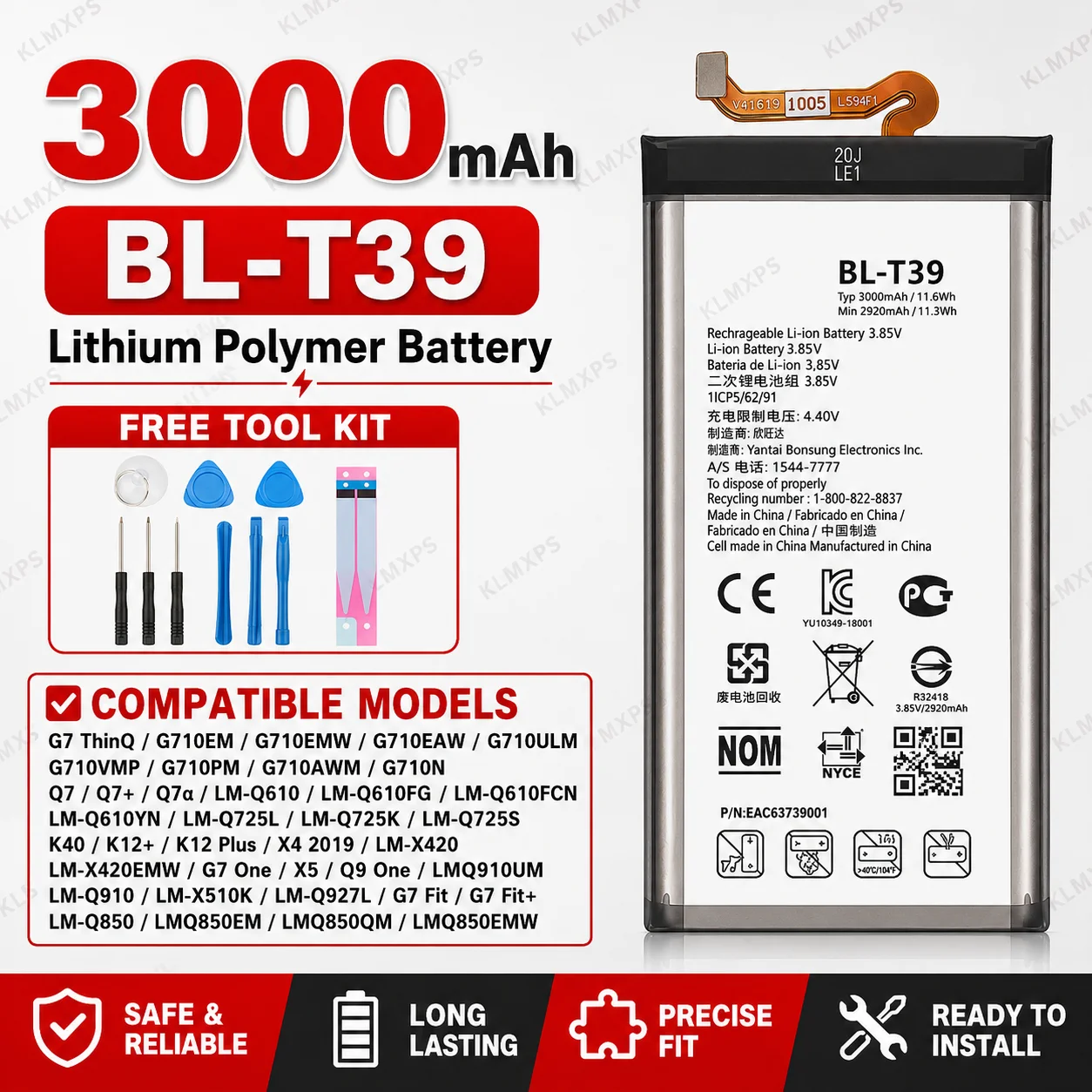 For LG G7 ThinQ X Power2 Q6 Zero K20 X Cam BL-T39 3.85V Standard Drain Lithium Battery Mobile Repair Replacement Kit