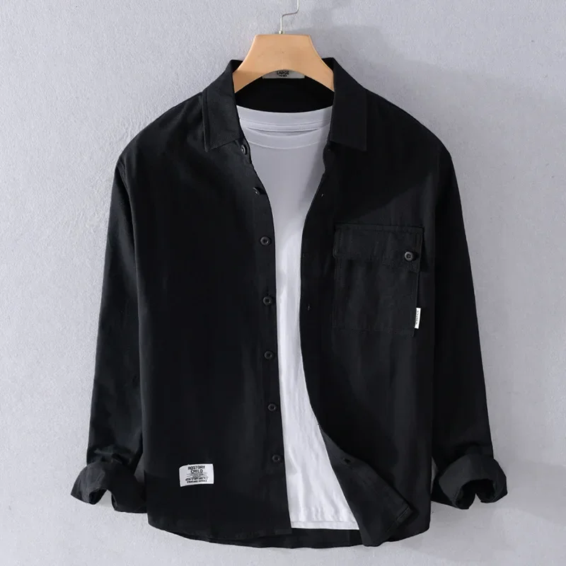 Japan Style Work Shirt Men Spring Autumn Casual Workwear Long Sleeve Man Shirts Lapel Pure Cotton Gray Shirt Simple Men Clothing