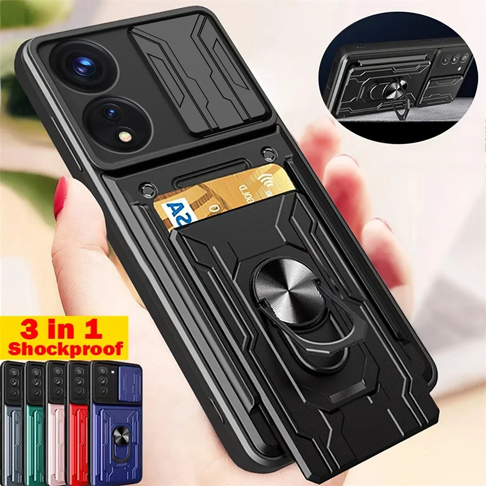 Case For OPPO A79 A98 A58 A57 A17 A78 Reno 10 9 8T Realme C53 10 Pro Card Holder Slide Camera Ring Stand Armor Kickstand Cover