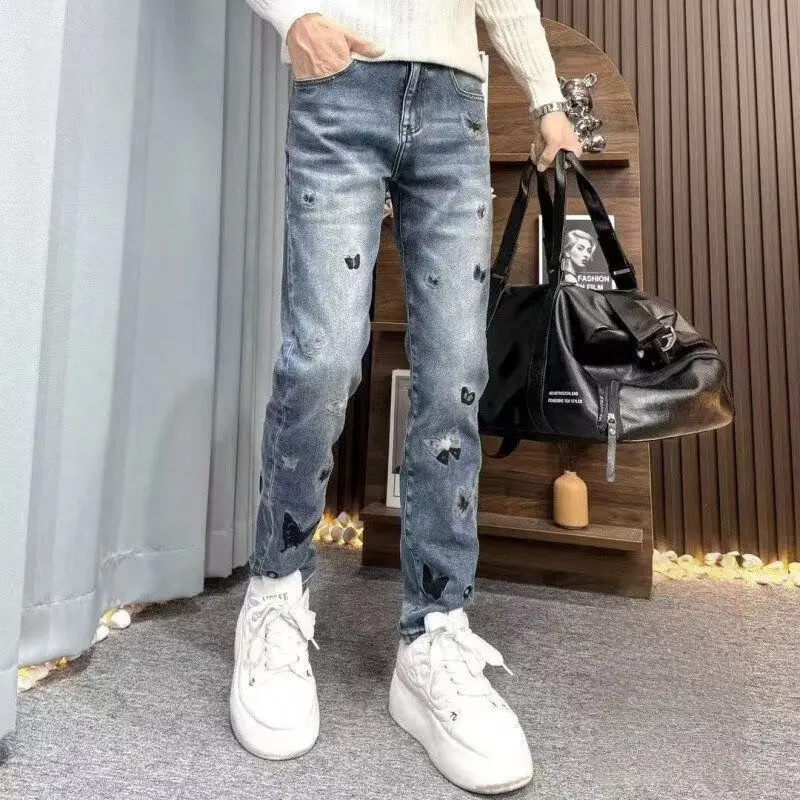 

Мужские джинсы Euramerican High-End с вышивкой, повседневные, эластичные, в стиле ретро, универсальные, длинные брюки со средней посадкой, из смесового хлопка и полиэстера