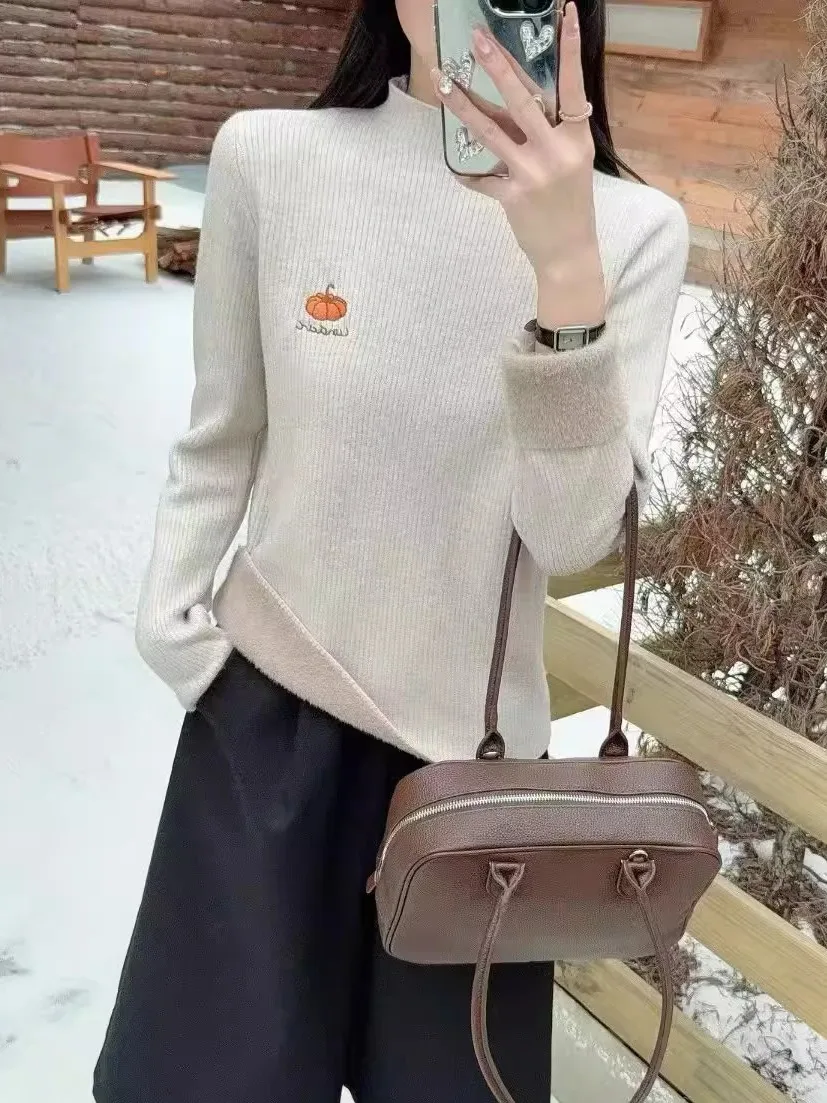 Outono inverno thiened f gola alta bordado intermido fce camisola de malha feminina sobrecarga quente versátil topo