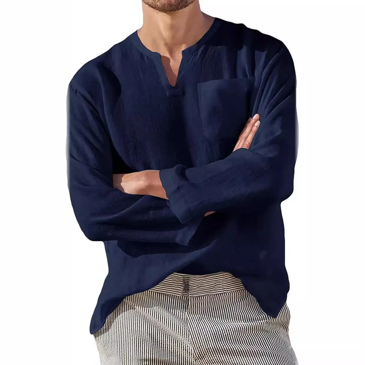Men's Long Sleeve Beach Linen Shirt Swedish Collar Casual Style Pocket Detail Iron-Free Treatment Resistant to Deformation view 4