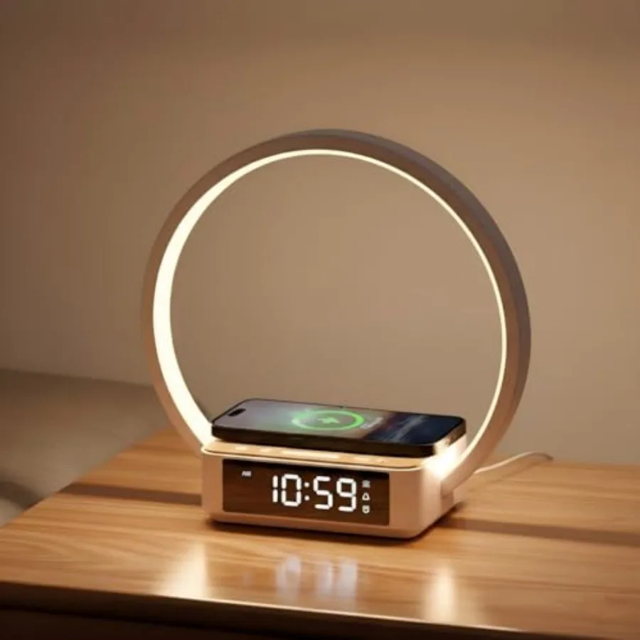 Bedside Lamp with Alarm Clock, Touch Lamp with Wireless Charger, Nightlight for Bedroom, Sunrise Wake-up Light, 3-Grade Dimmabl