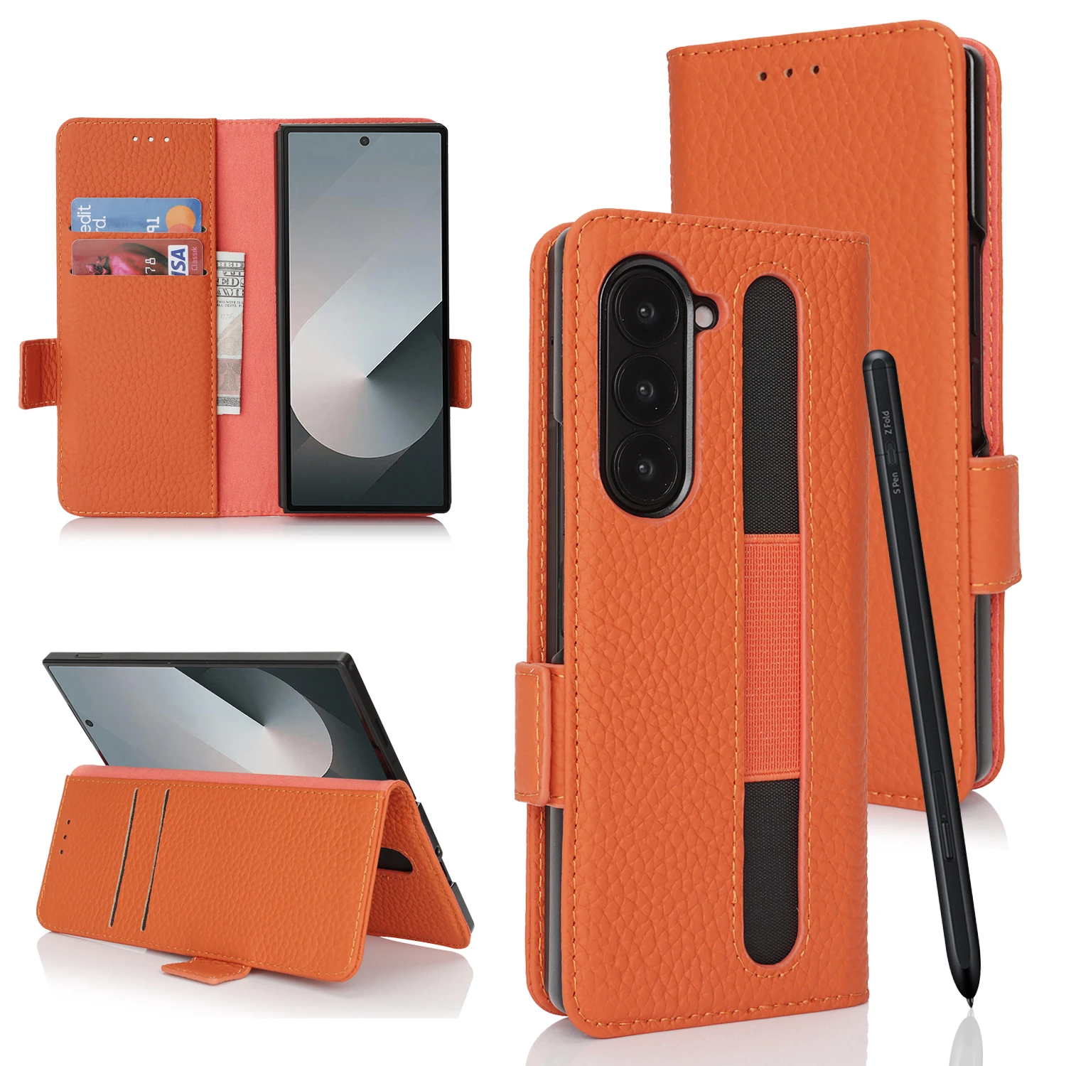 

Роскошный кожаный чехол с узором личи для Galaxy Z Fold 6 Fold 5 Fold 4 Fold 3 Тонкий чехол-кошелек с держателем для стилуса и ручки