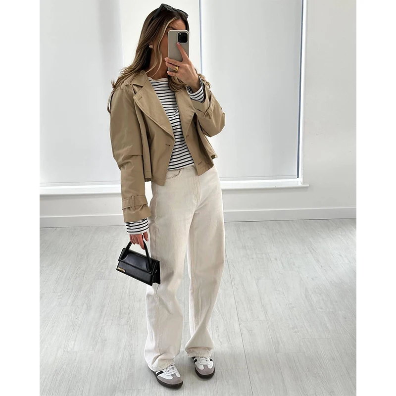 YENKYE nuevo otoño mujer sólido recortado gabardina Vintage doble botonadura manga larga Chaqueta corta solapa cuello rompevientos