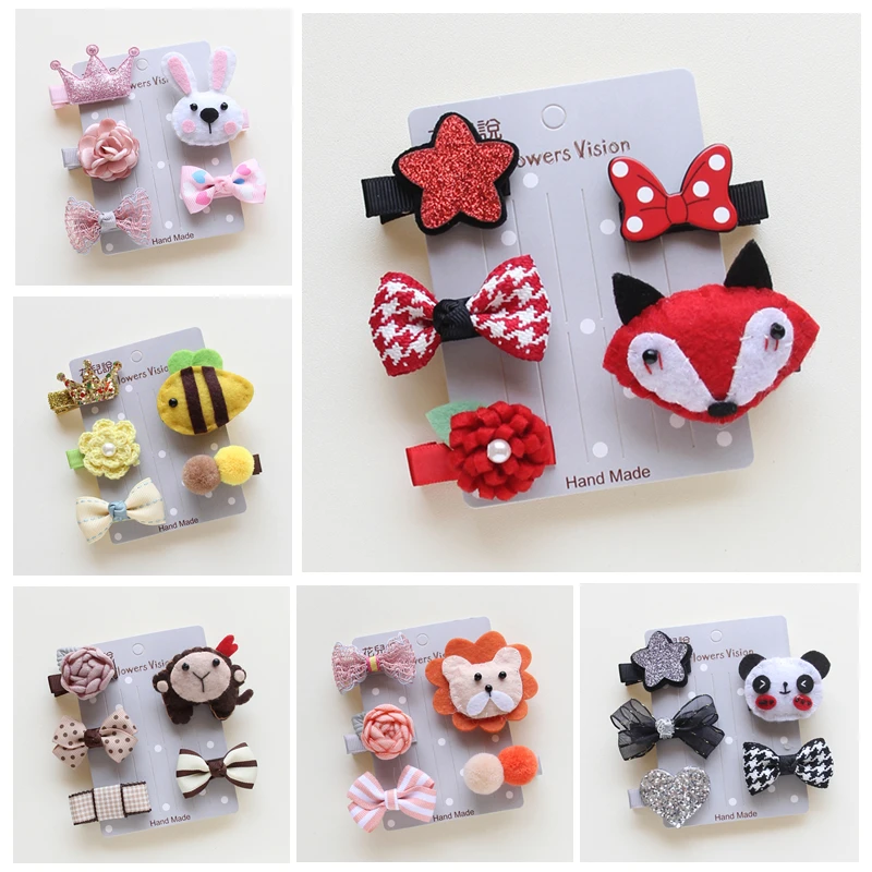 5pcs/set Korean Fashion Animal Fruit Shape Hair Clip Cute Cartoon Hairpins Tiger Monkey Fish Bowknot Design Hair Accessories