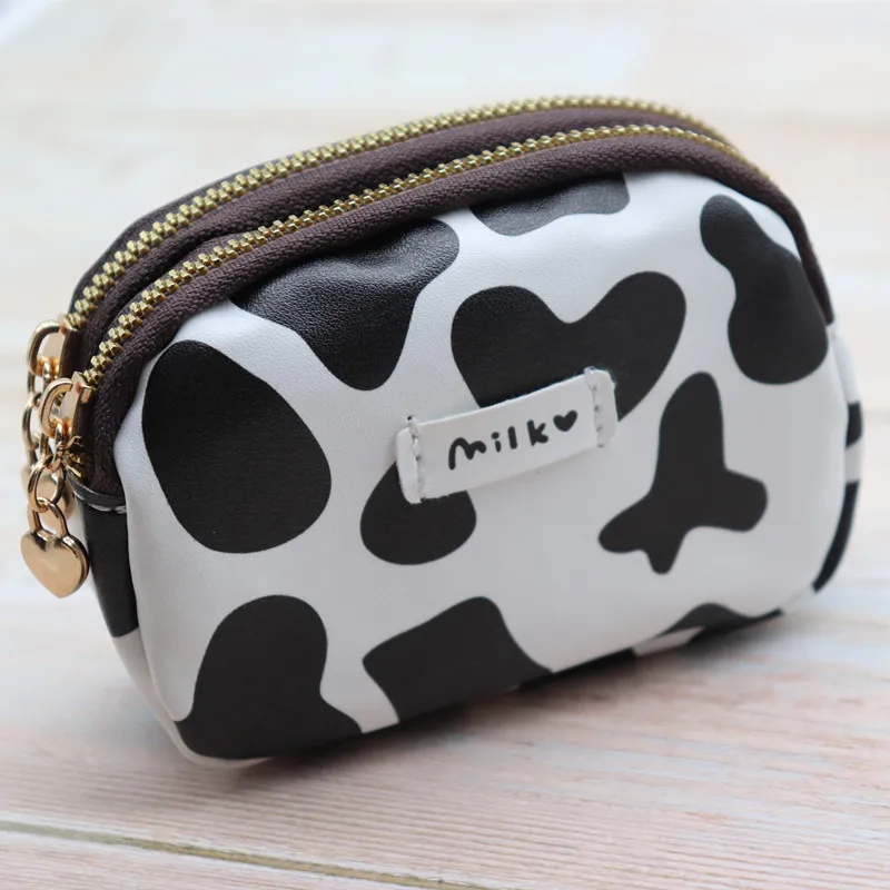 

Cute Cow Pattern Coin Purse for Women Card Wallet Students Double Pocket Zipper Key Bag Portable Lipstick Bank Card Storage Bag