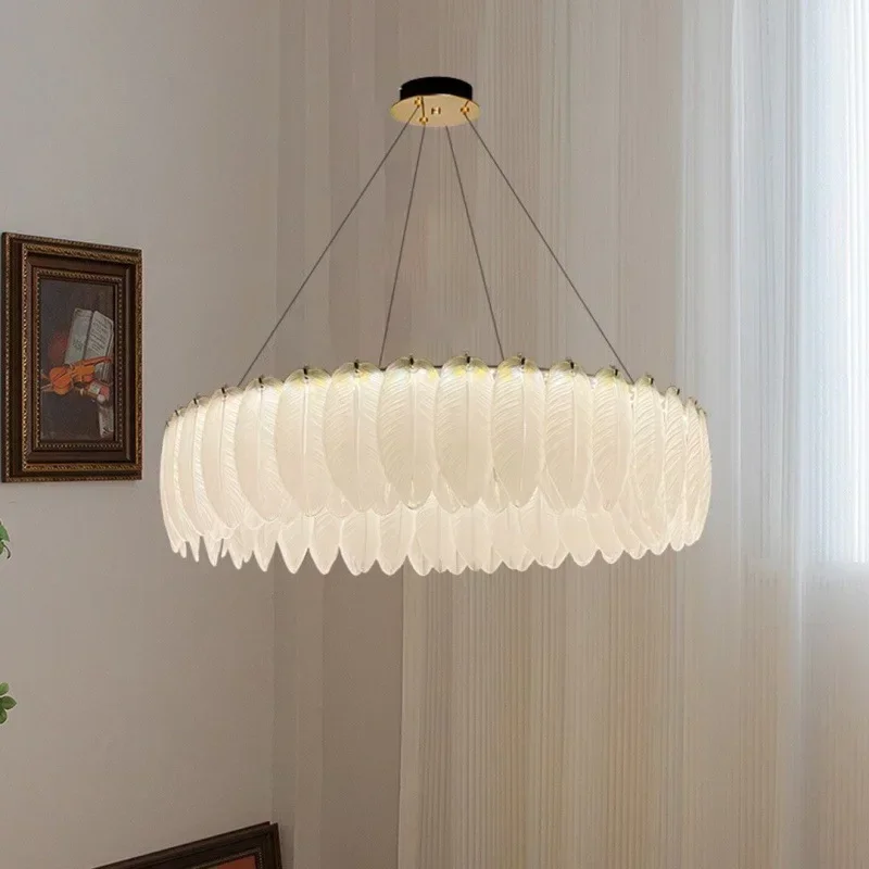 Nordic Luxury  Feather Led Chandelier for Living Dining Room Bedroom White Glass Pendant Lights Home Decoration Hanging Light