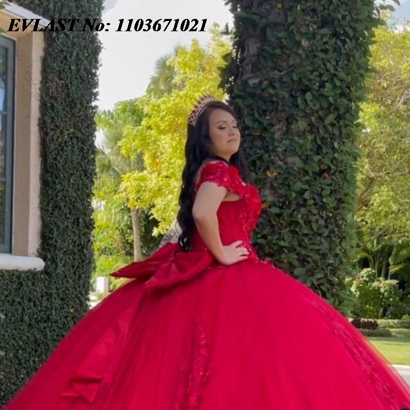 EVLAST Мексиканское красное платье Quinceanera, бальное платье с кружевной аппликацией, бисером и кристаллами с бантом, корсет Sweet 16, Vestidos De XV 15 Anos SQ66