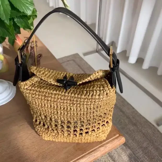 

Raffia Woven Straw Bags for Women 2025 Summer French Style Shoulder Bag Females Beach Crossbody Bags Lady Handbags
