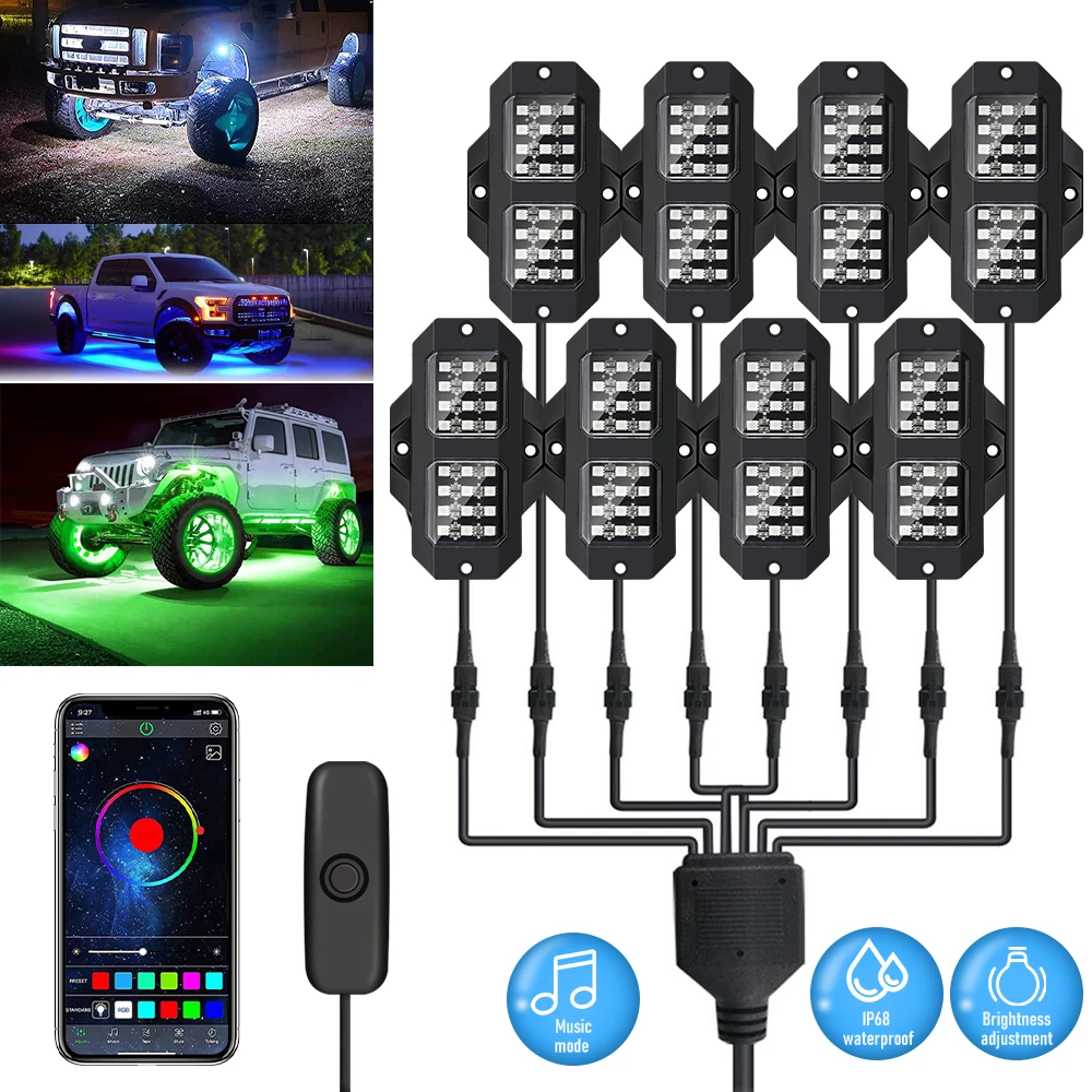 Car RGB Chassis Lamp Exterior Decorative LED Rock Lights Bluetooth APP Control Atmosphere Lights Cars Chassis Ambient Lighting