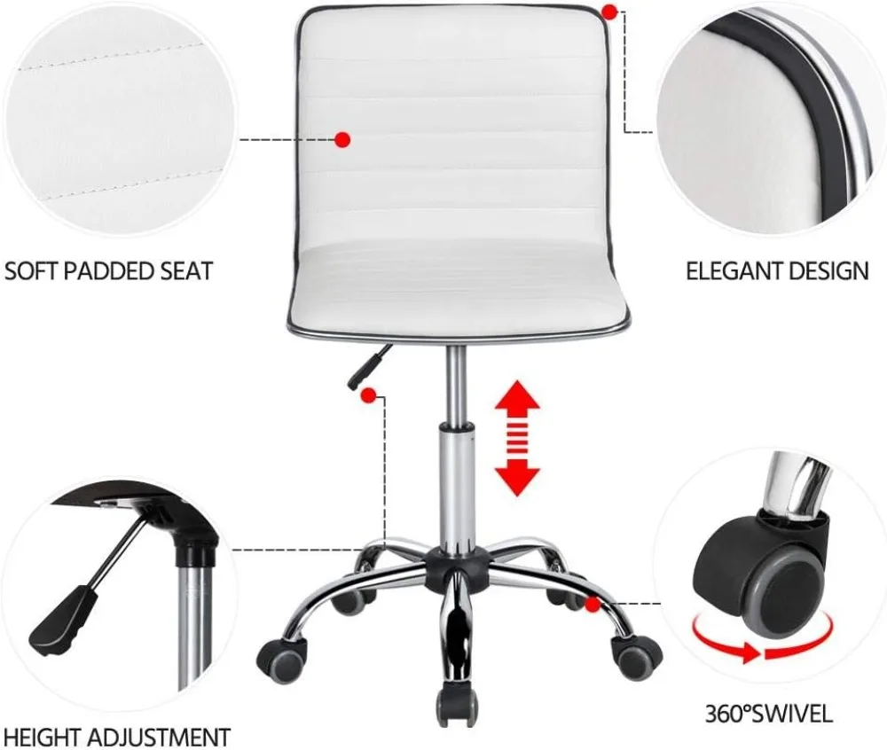 Adjustable Task Chair PU Leather Low Back Ribbed Armless Swivel White Desk Chair Office Chair Wheels (Renewed)