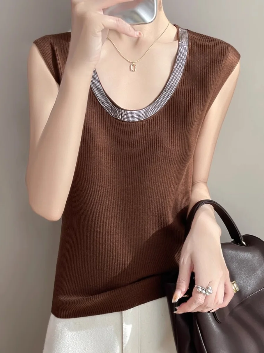 Ele Strick-Trägerweste für Damen, Sle, schlankmachend, rund, Ne Frühling 2025, Neuankömmling, luxuriöse Strass-Textur