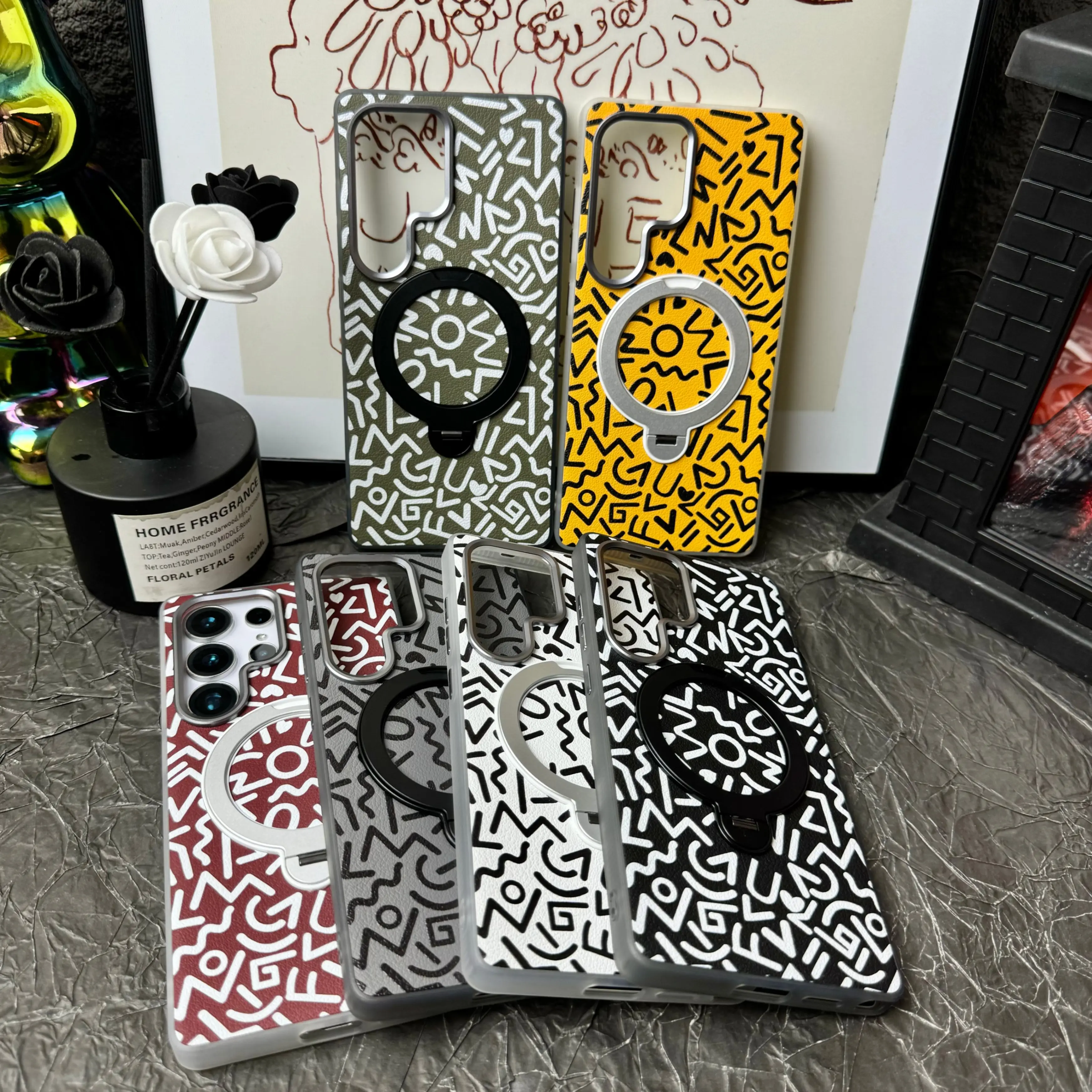 

Magnetic Graffiti Painted Leather Phone Case for Samsung Galaxy S25 Ultra S24 S23Ultra Metal Len Large Hole+Button Hard Cover