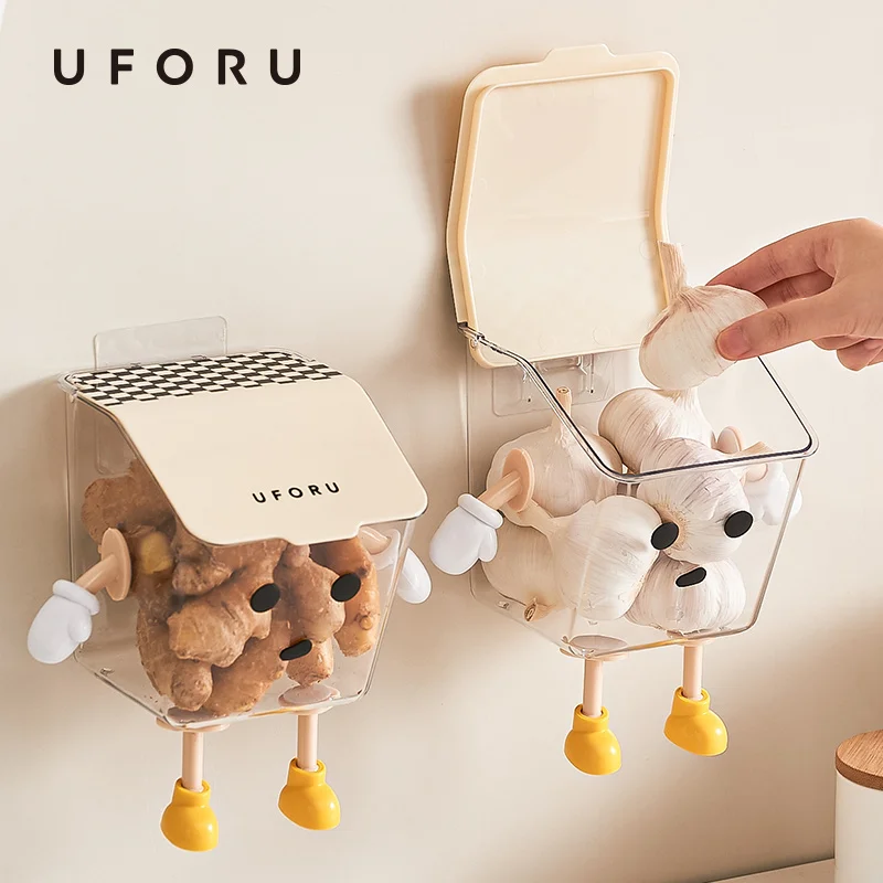 Caja de Almacenamiento Autoadhesiva para Cocina, Organizador de Pared con Diseño de Personajes Animados UFORU, Ahorra Espacio, para Guardar Jengibre, Cebolla, Chile, Uso en la Cocina