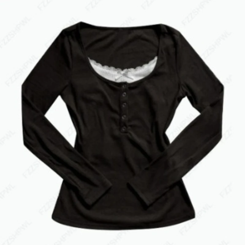 2025 Autumn Solid Elegant Long Sleeve TopsNew Ins Korean Fashion Causual Bottom Top Button Fake Two Piece Shirt T-shirt Women