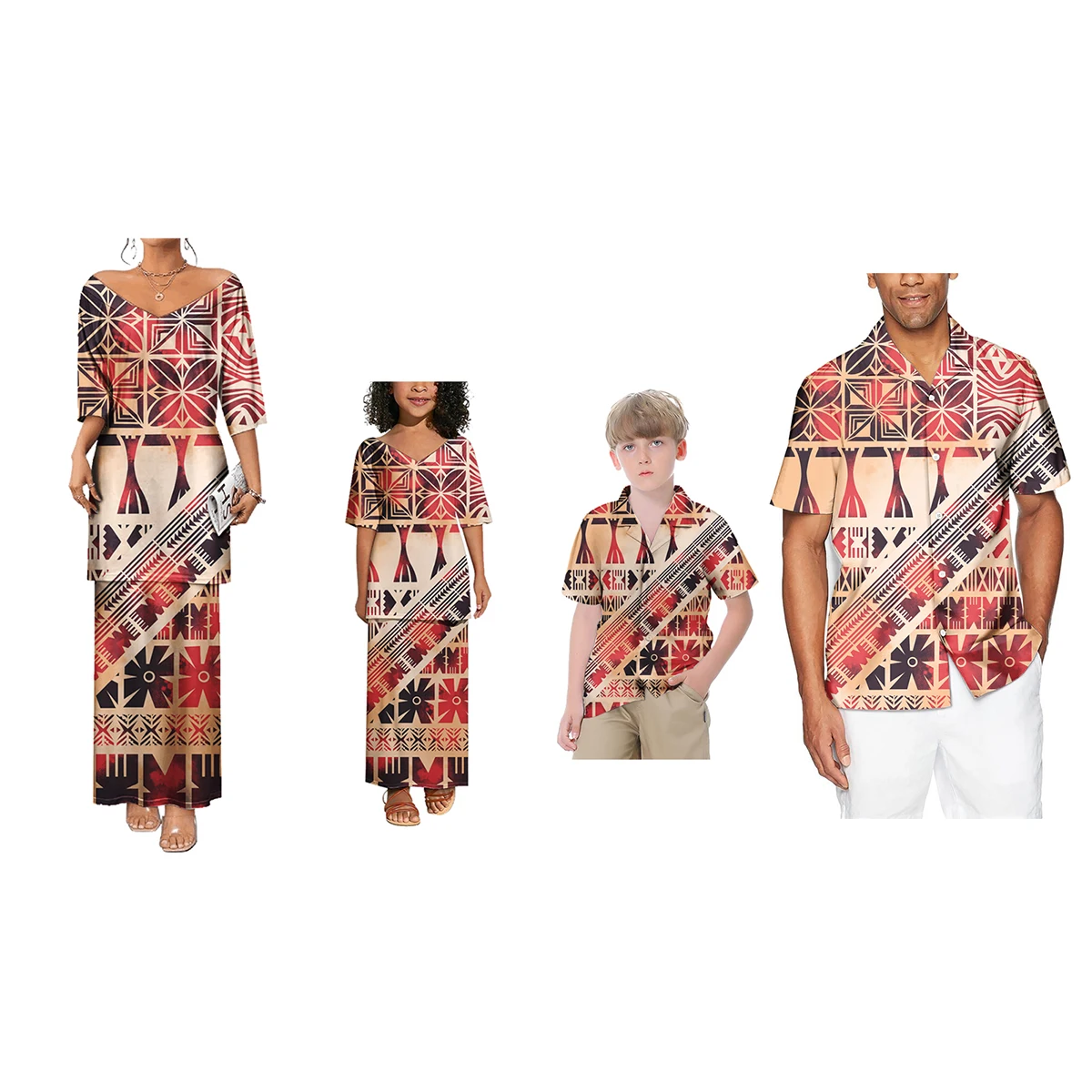 Family Matching Clothes Set Polynesian Print 4Pcs Set Women &Girls Puletasi Dress Long with Shorts Sleeve Match Men &Boys Shirts