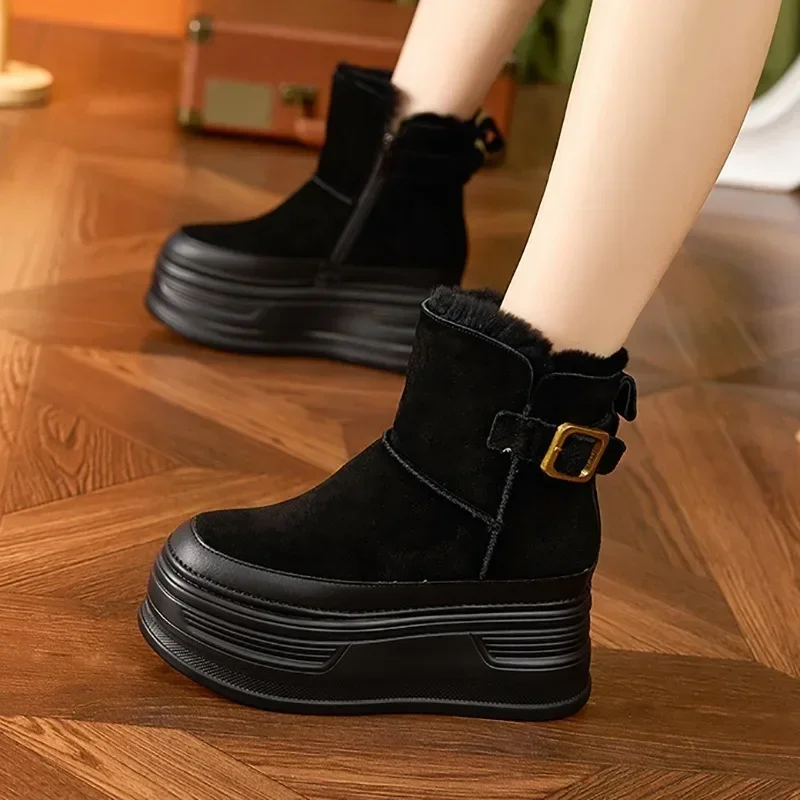 Bottes compensées à plateforme en cuir de vachette véritable pour femmes, peluche, talons cachés, chaussons de rinçage chauds, chaussures en daim, printemps et automne, hiver 2024, 9cm