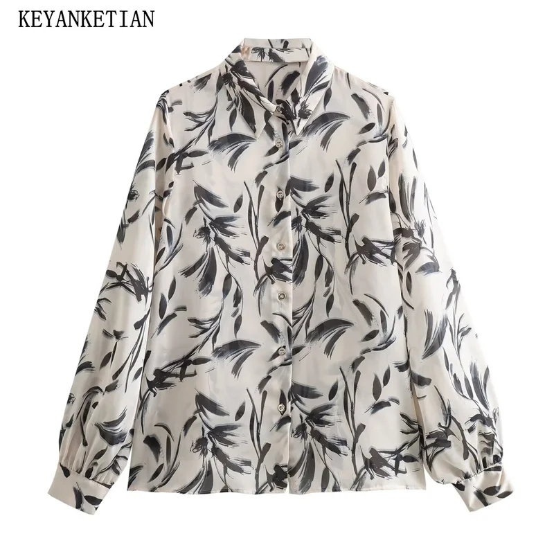 

KEYANKETIAN New Launch Chinese Style Ink Leaves Print Women's Long-Sleeved Shirt Female Blouses Button-up Loose Blouse Chemise