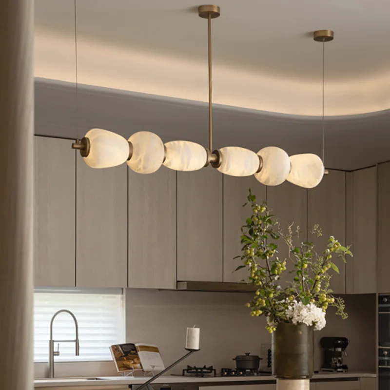 

light luxury designer one-word long strip all-copper marble chandelier, restaurant island bar, tea room, study creative lamp