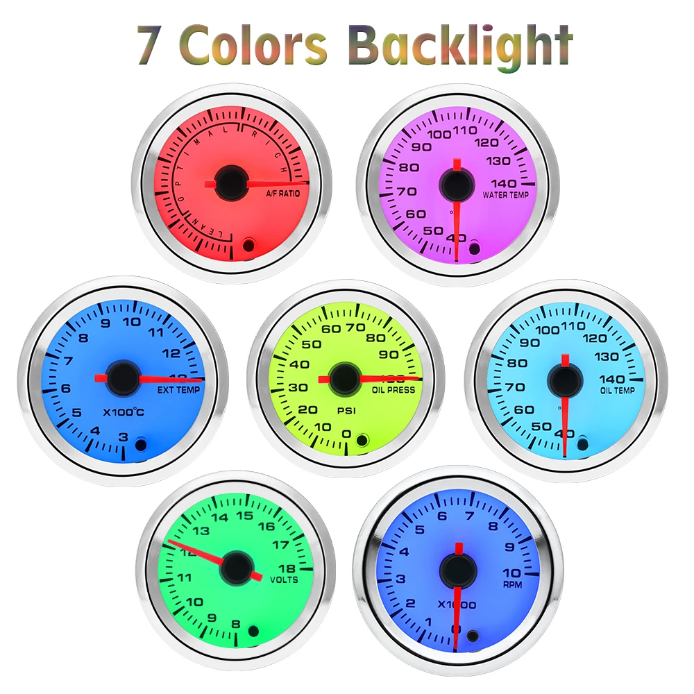 12V Auto Boost Water Temperature Oil Temperature Oil Press Air fuel ratio Voltmeter EGT Tachometer 7 Colors LED with White Shell