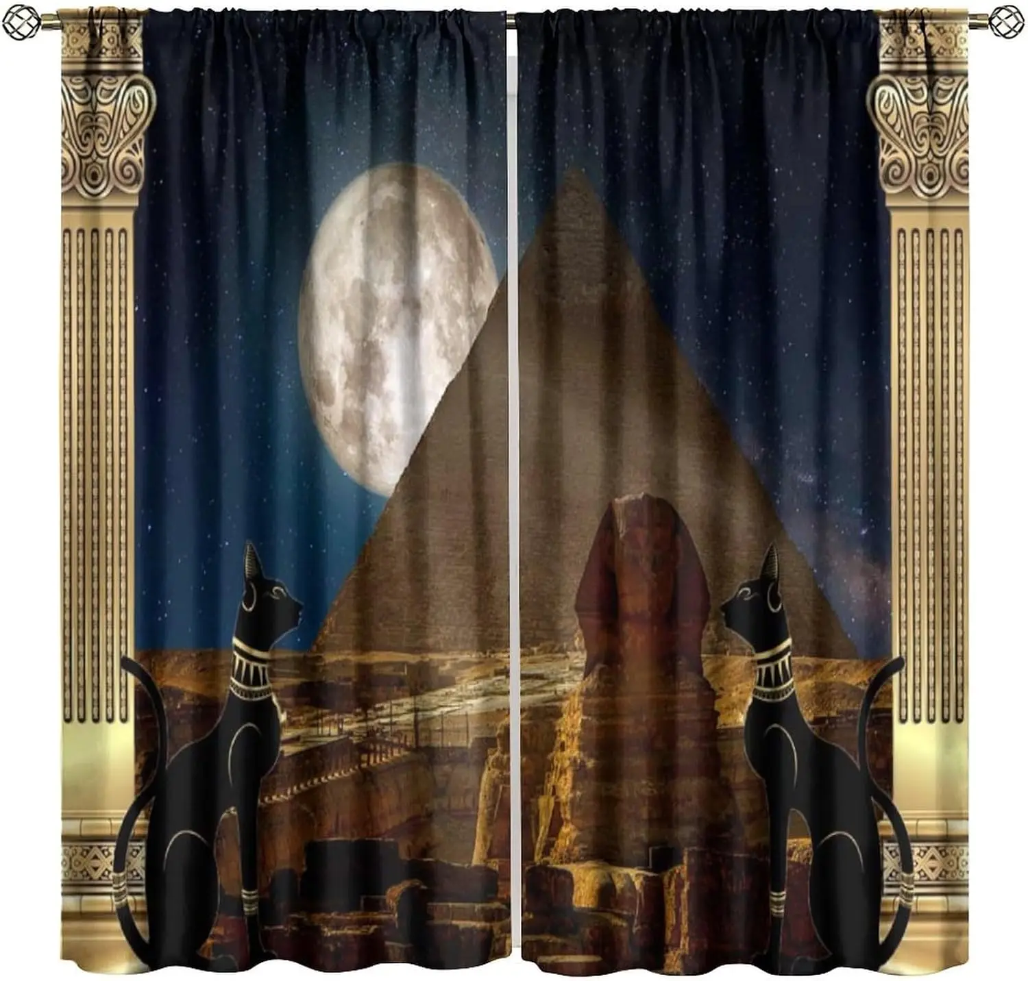 Ancient Egyptian Curtain, Vintage Mysterious Egyptian Pyramids Black Cat Moon Window Curtain for Bedroom Living Room