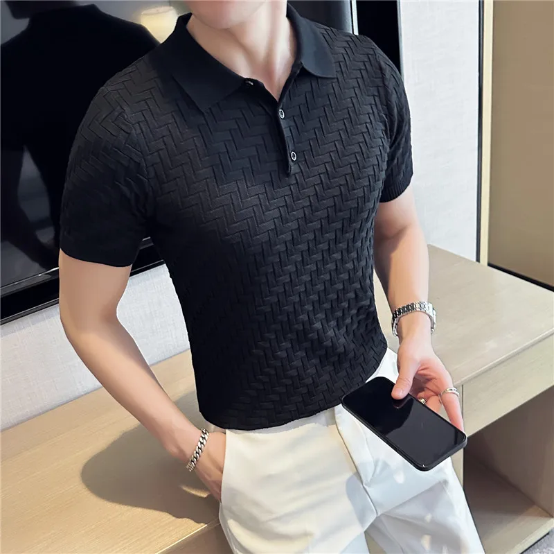 2023 Summer Ice Plaid Knitted Polo Short Sleeve Men's T-shirt Slim Polo Shirt Shirt Casual Business Slim Fit Lapel Tee Tops