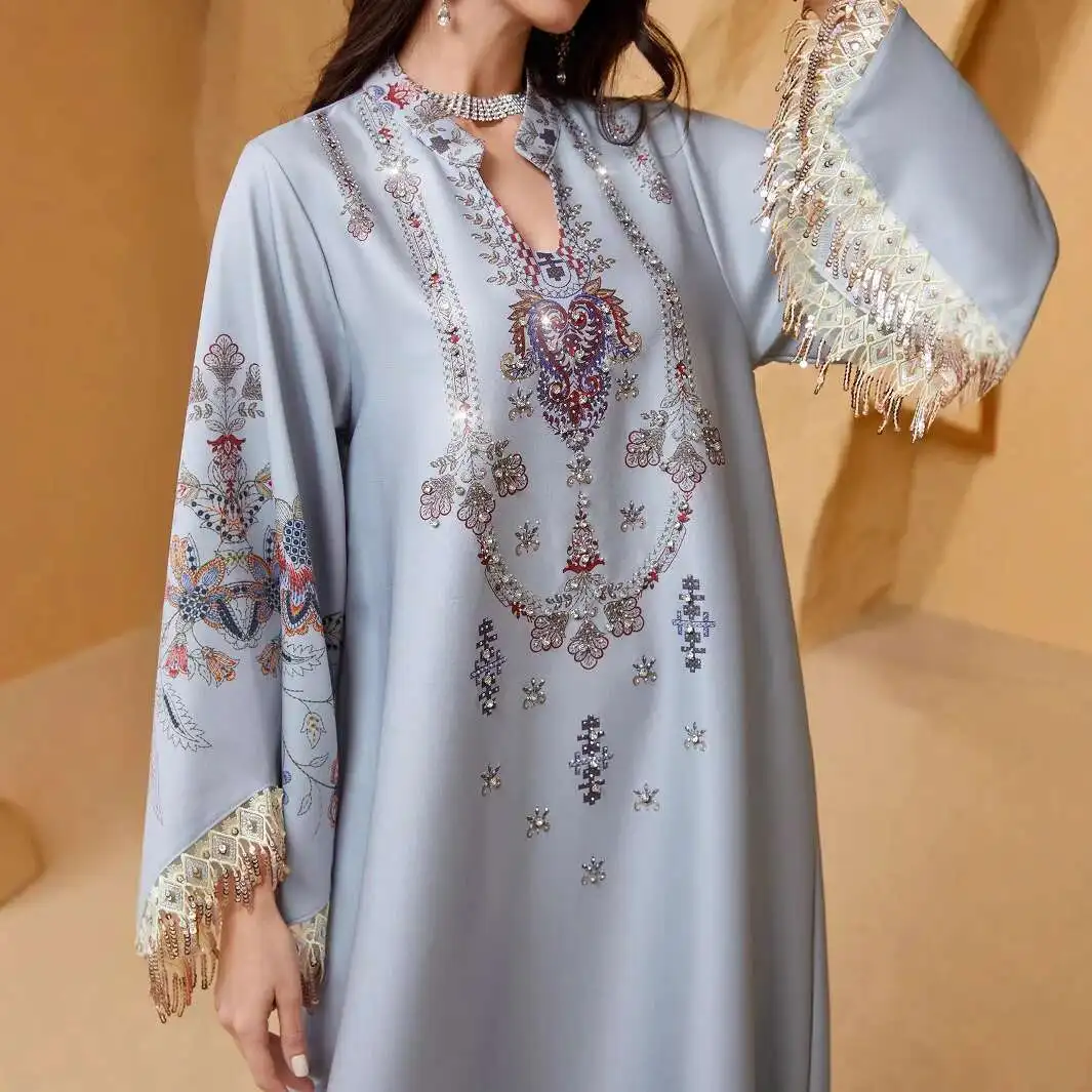 

Nc13 Muslim Women's Robe V-neck Printed Tassel Elegant Arabic Dress Abaya Robe Abaya Ramadan Dubai Luxury Islam Elegant