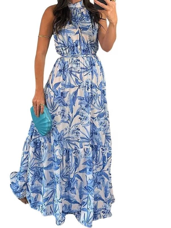 Casual High Waist Printed Svel Ne Hanging Dr Women's Loose Fit round Ne Gown Daily Wear Summer 2025 Polyester