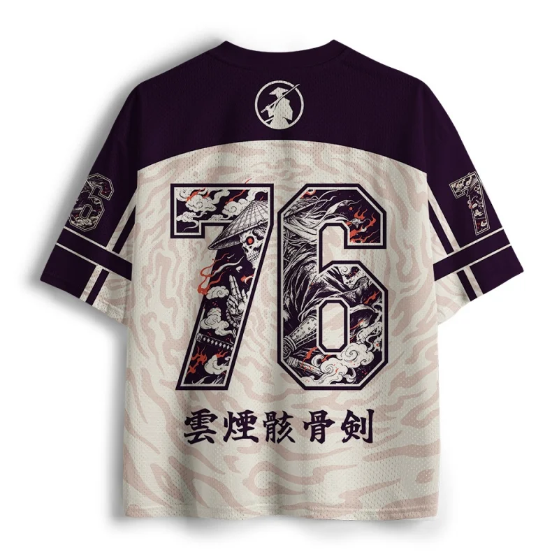 Japanese Ukiyo-e Skeleton Samurai V-neck Jersey, Vintage Oriental Warrior Kanji Print Unisex Streetwear Short Sleeve Top