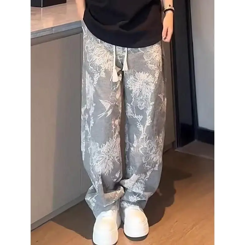 

Spring Autumn Male Streetwear Hip Hop Vintage Clothes Casual Flowers Pants for Men Wide Leg Jeans Trendy Trousers Men Clothing